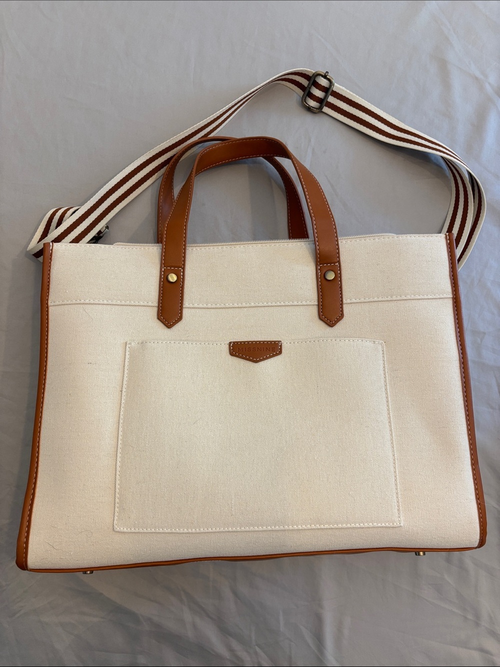 Missnine Canvas Laptop & Teacher Tote with Tan Leather Trim